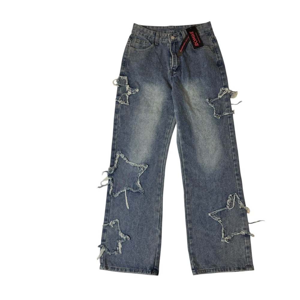 ROMWE Women Blue‎ Denim Star Cutout Ripped Jeans Wide Leg Y2K GRUNGE Whimsy Goth - Picture 2 of 10